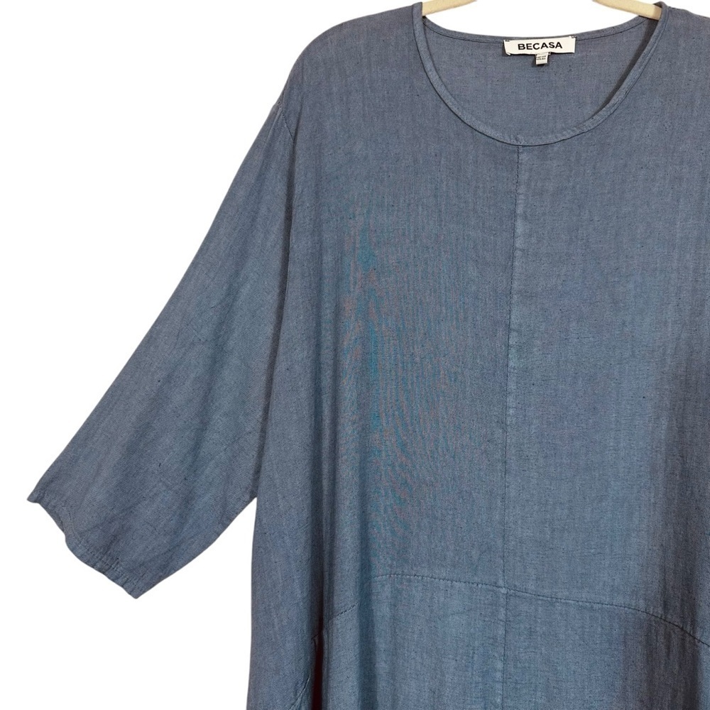 Becasa Linen Midi Dress Slate Blue Os Oversized Minimalist Pockets — image 4 of 8
